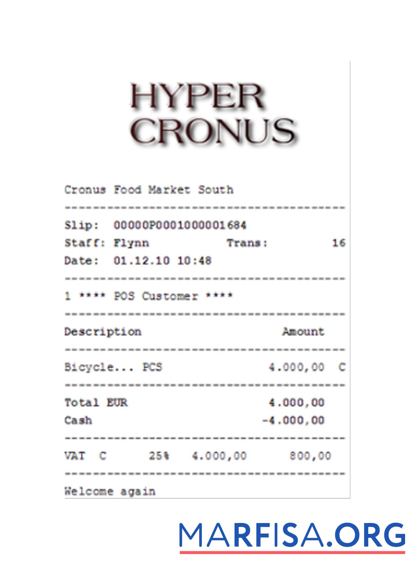 Blank HYPER CRONUS payment receipt example